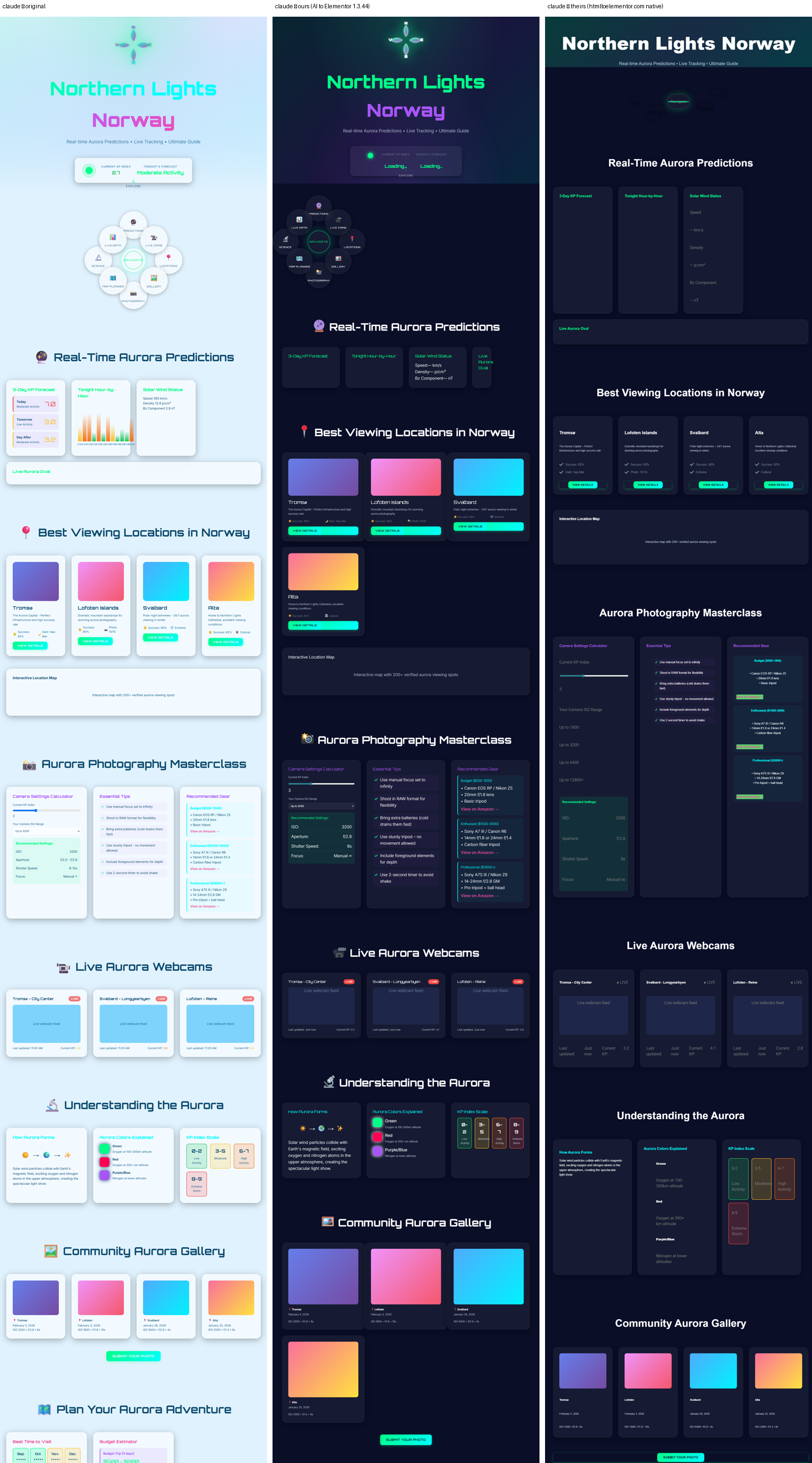 Board: left the original Claude-built page, middle converted with AI to Elementor, right the free browser converter